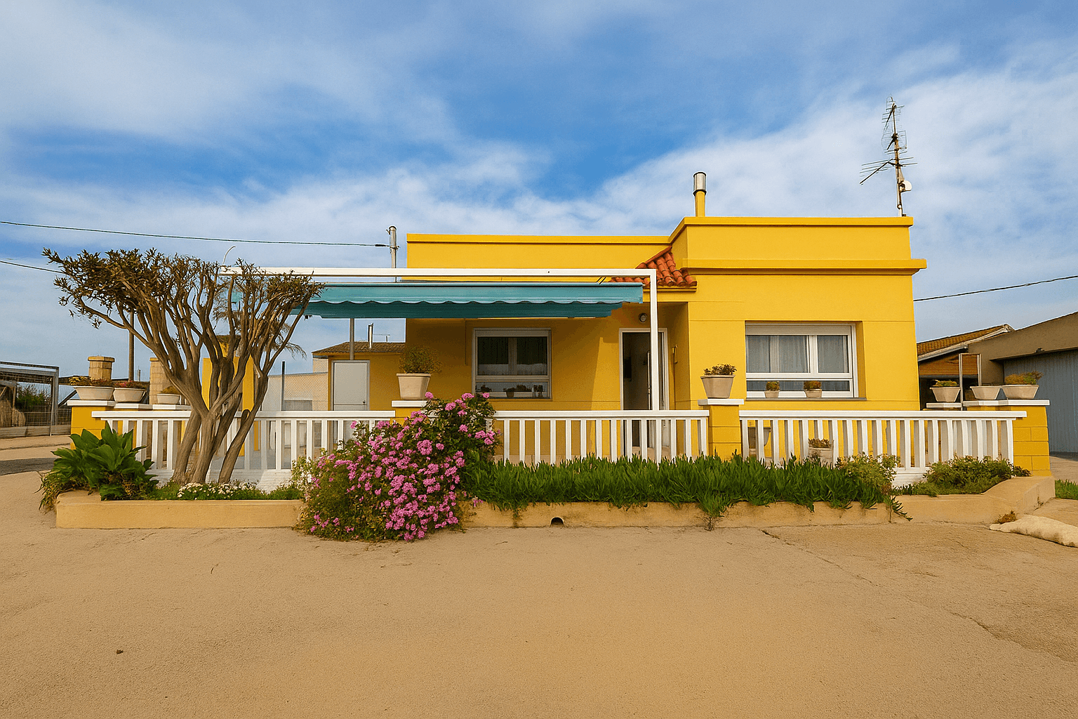 Façana principal de la Caseta Martí i Carmeta entre jardí mediterrani
